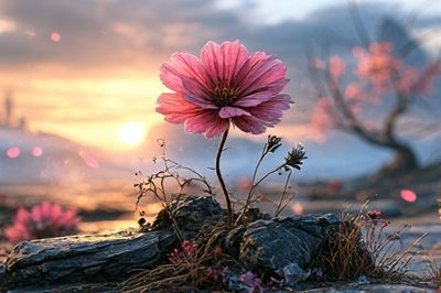 Pink Blossom Sunset Nature Print.