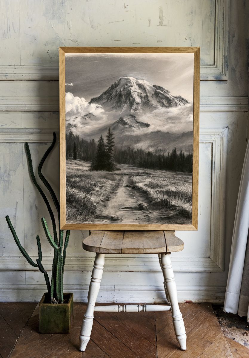 Misty Mountain Landscape Print. room preview