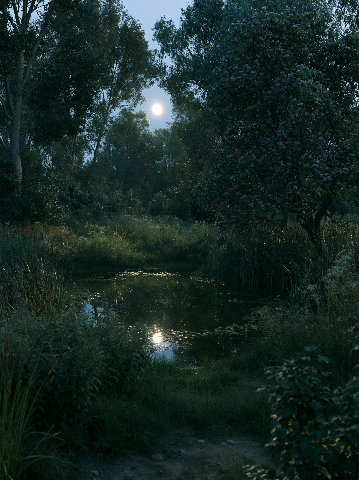 Moonlit Forest Pond Poster. poster detail