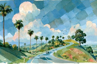 Tropical Roadscape Watercolor Poster.