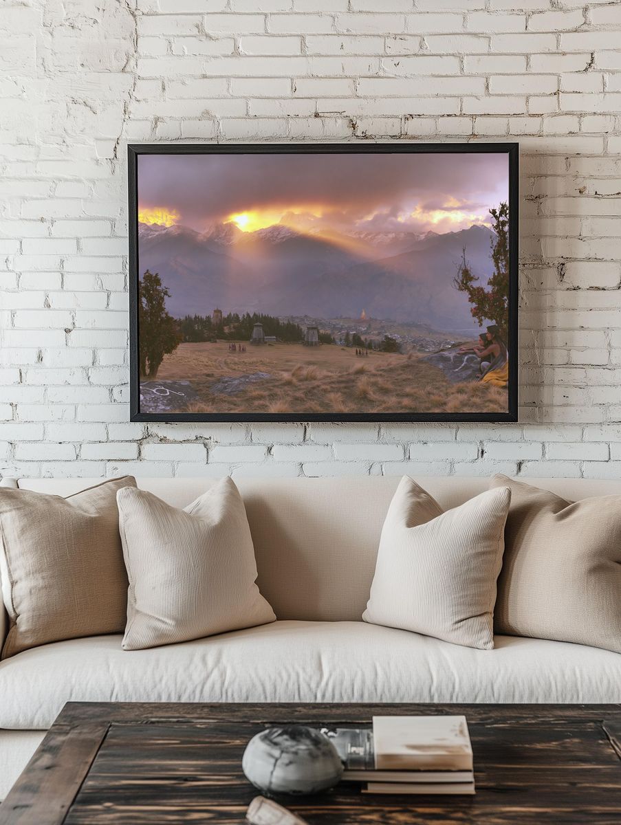 Sunlit Himalayan Valley Landscape Print. room preview