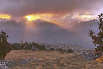 Sunlit Himalayan Valley Landscape Print. poster