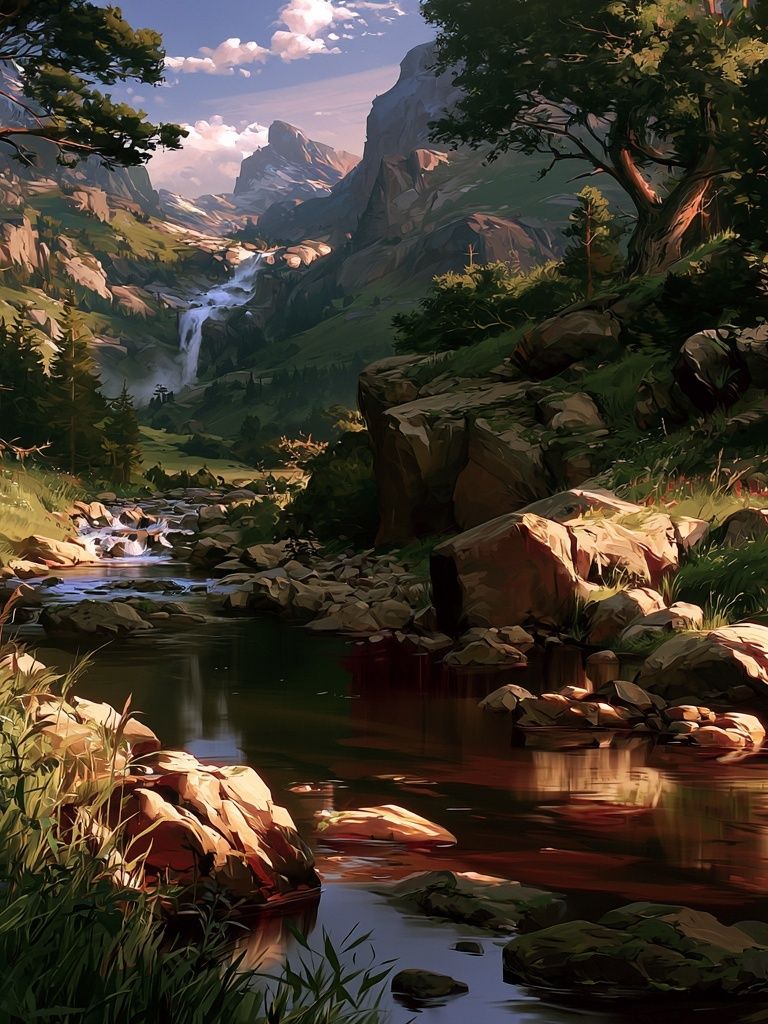 Mountain Waterfall Landscape Print. poster — nature art