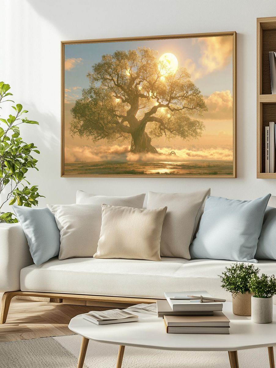 Golden Tree Sunrise Nature Print. — room view 2