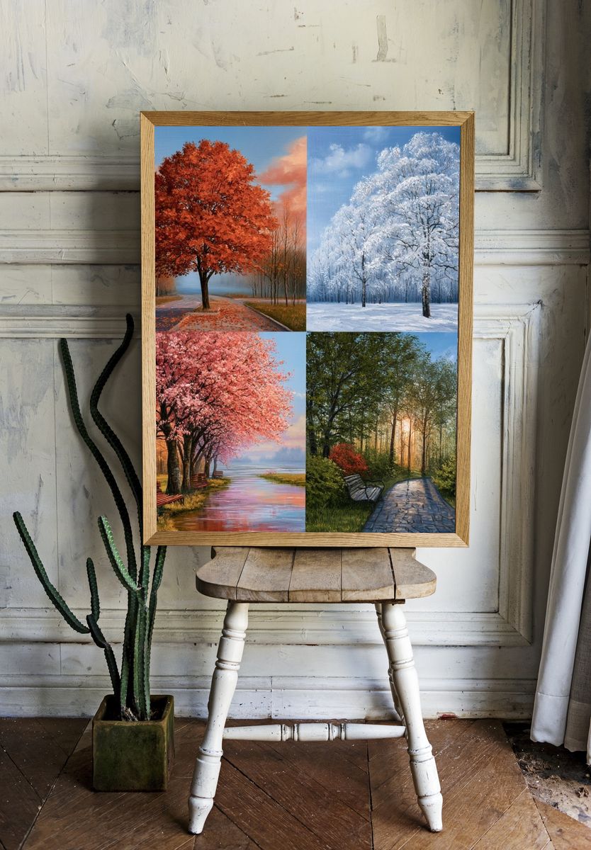 Four Seasons Tree Landscape Print. room preview