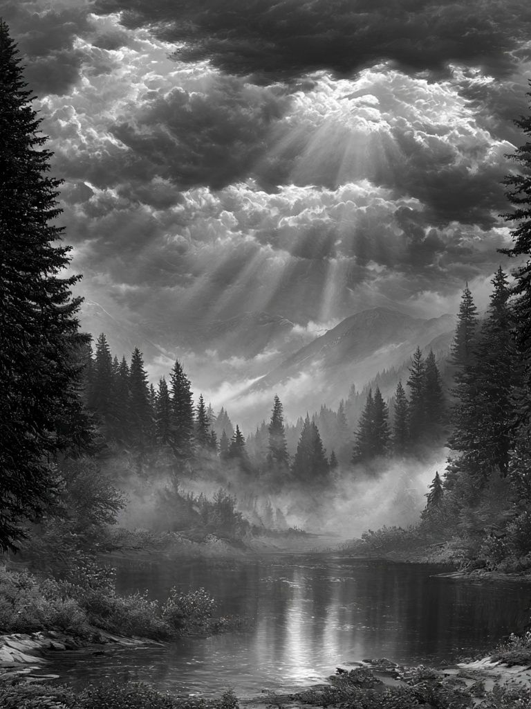 Misty Mountain River Black-White Poster. poster — nature art