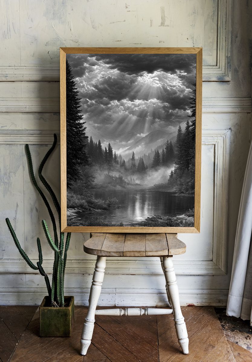 Misty Mountain River Black-White Poster. — room view 1
