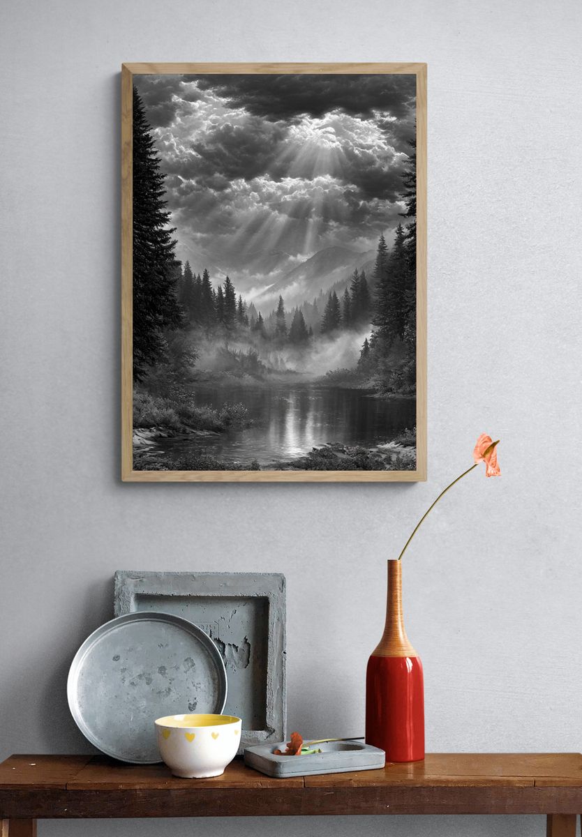Misty Mountain River Black-White Poster. — room view 3