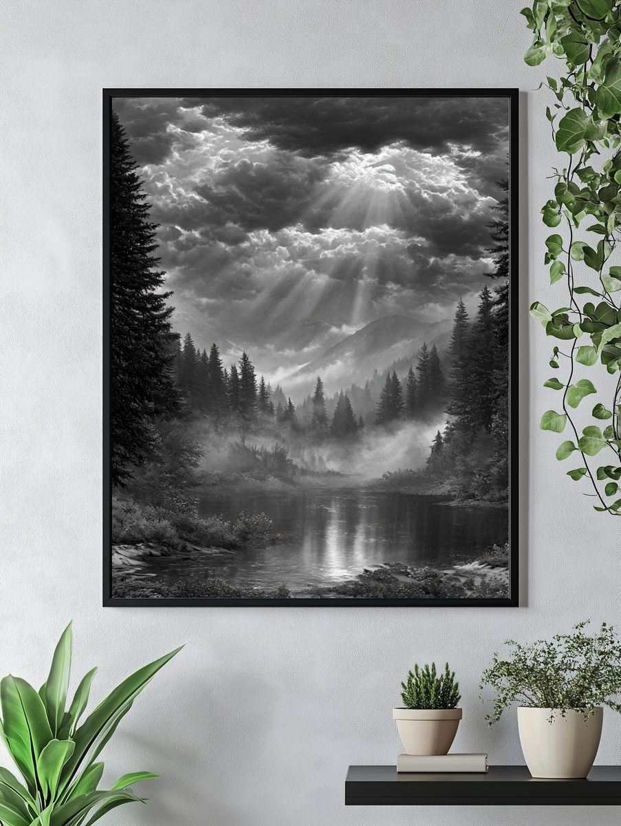 Misty Mountain River Black-White Poster. — room view 4