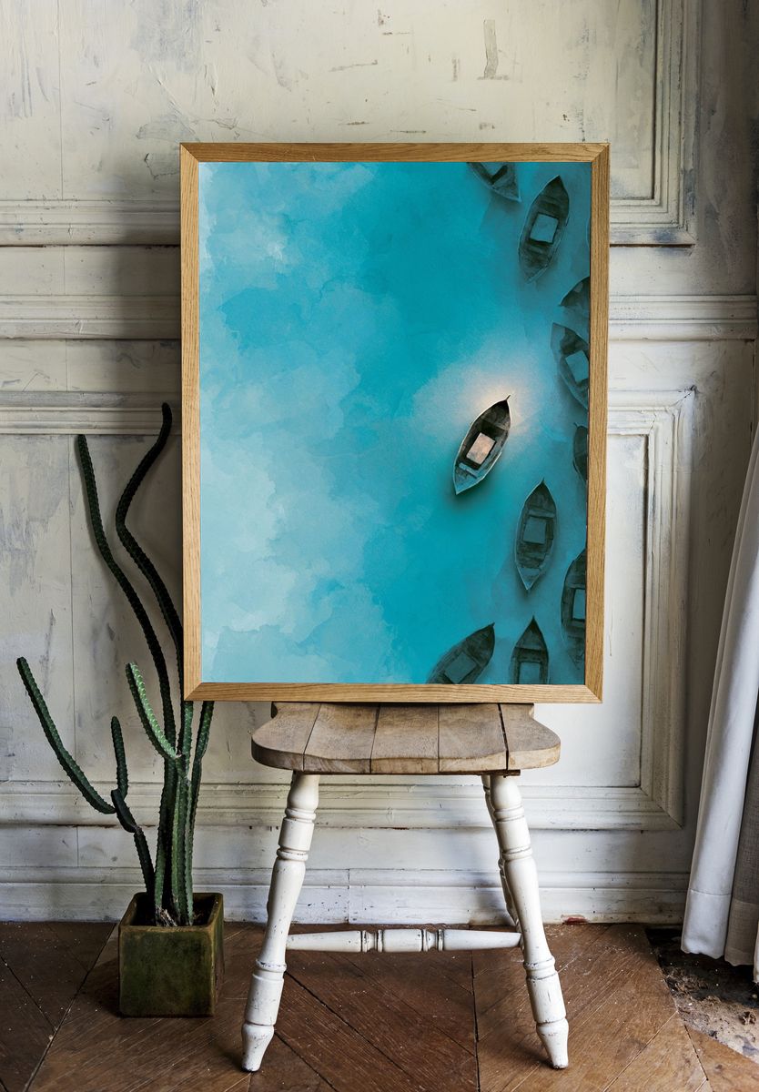 Turquoise Boats Aerial Print. — room view 1