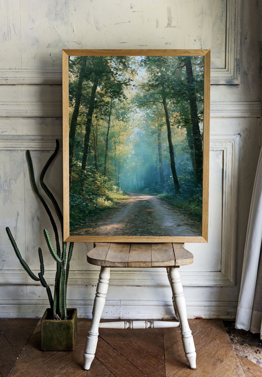 Misty Forest Path — Fine-Art Print. room preview