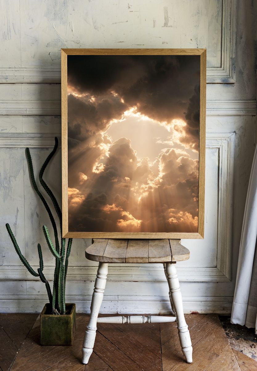 Golden Sun Rays Through Clouds Poster. — room view 1