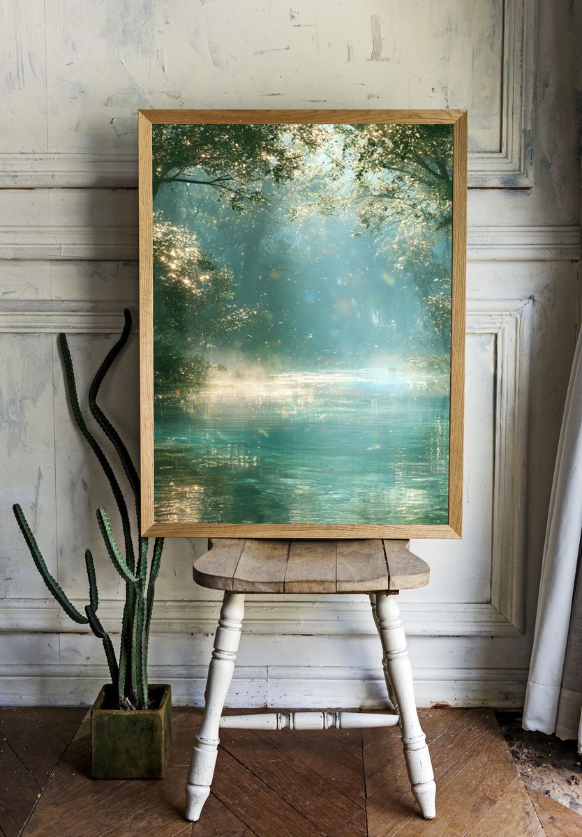 Sunlit Forest River Poster. — room view 1