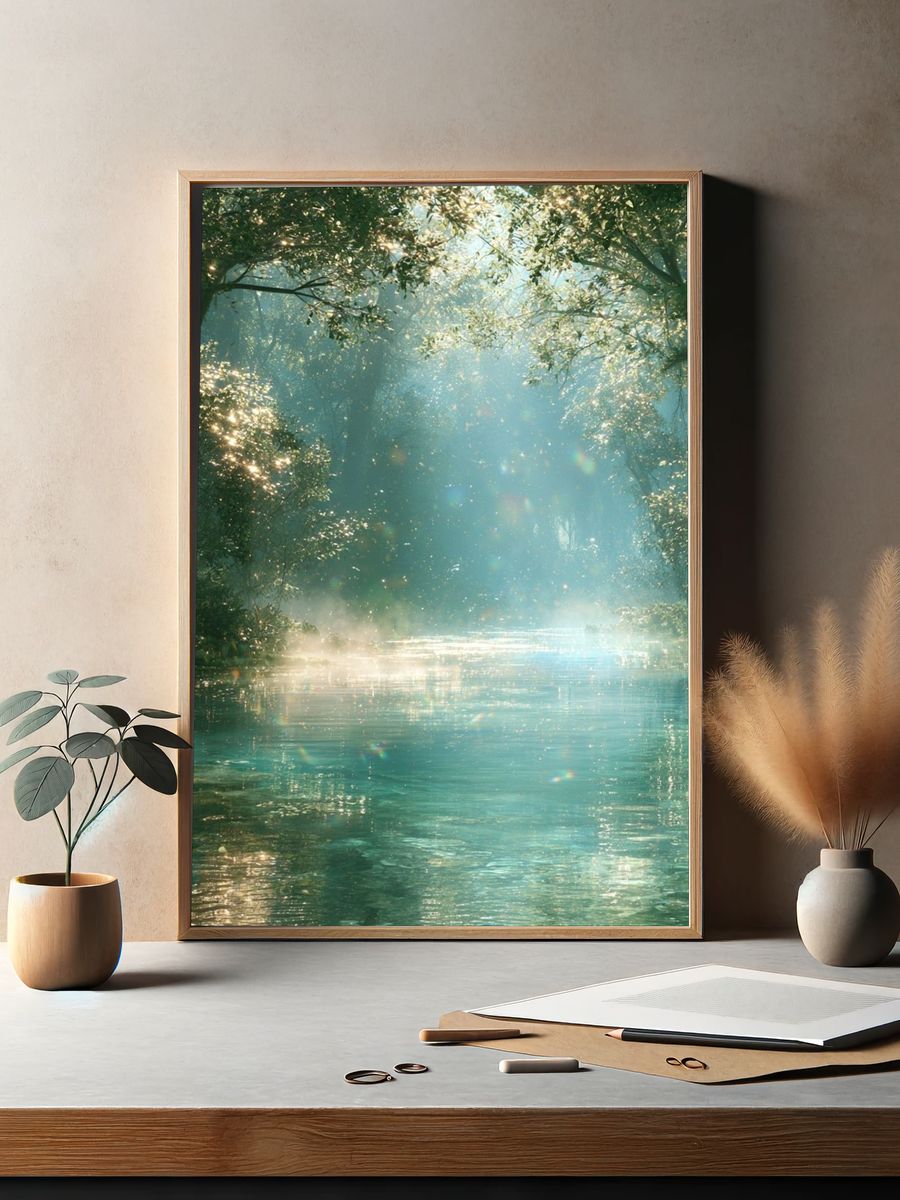 Sunlit Forest River Poster. — room view 2