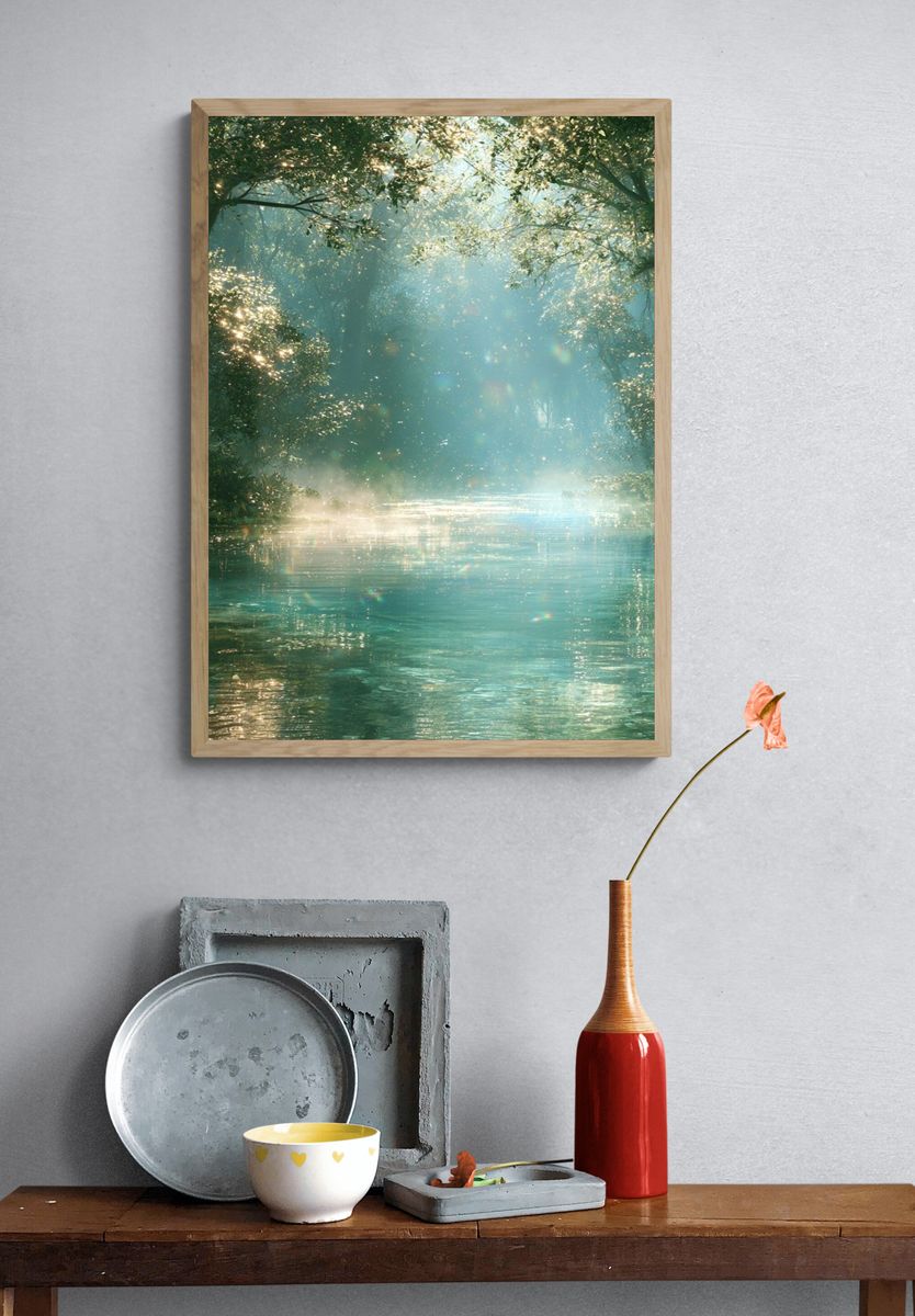 Sunlit Forest River Poster. — room view 3