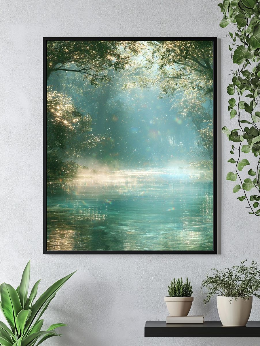 Sunlit Forest River Poster. — room view 4