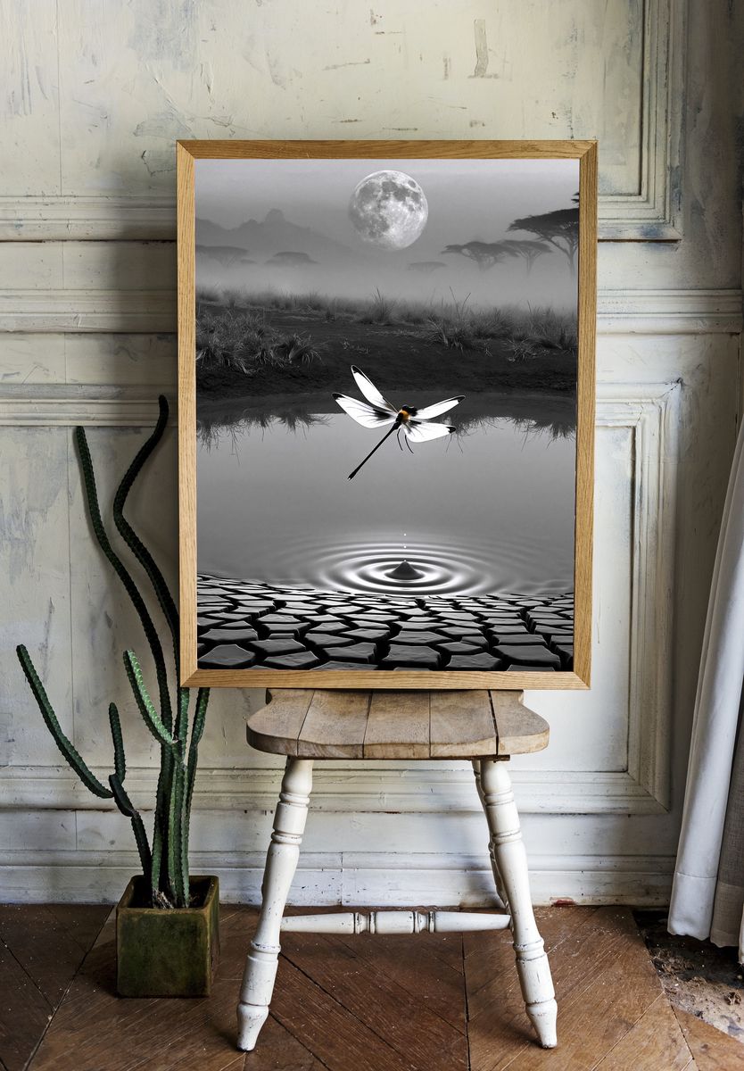 Moonlit Dragonfly Surreal Print. — room view 1