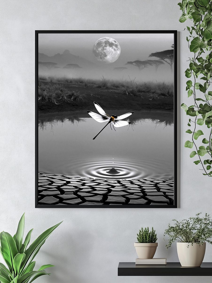 Moonlit Dragonfly Surreal Print. — room view 4