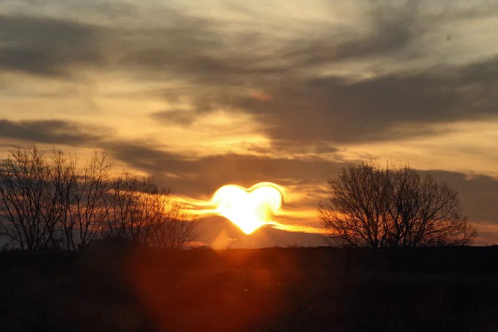 Evening background, heart shaped sun. poster — nature art