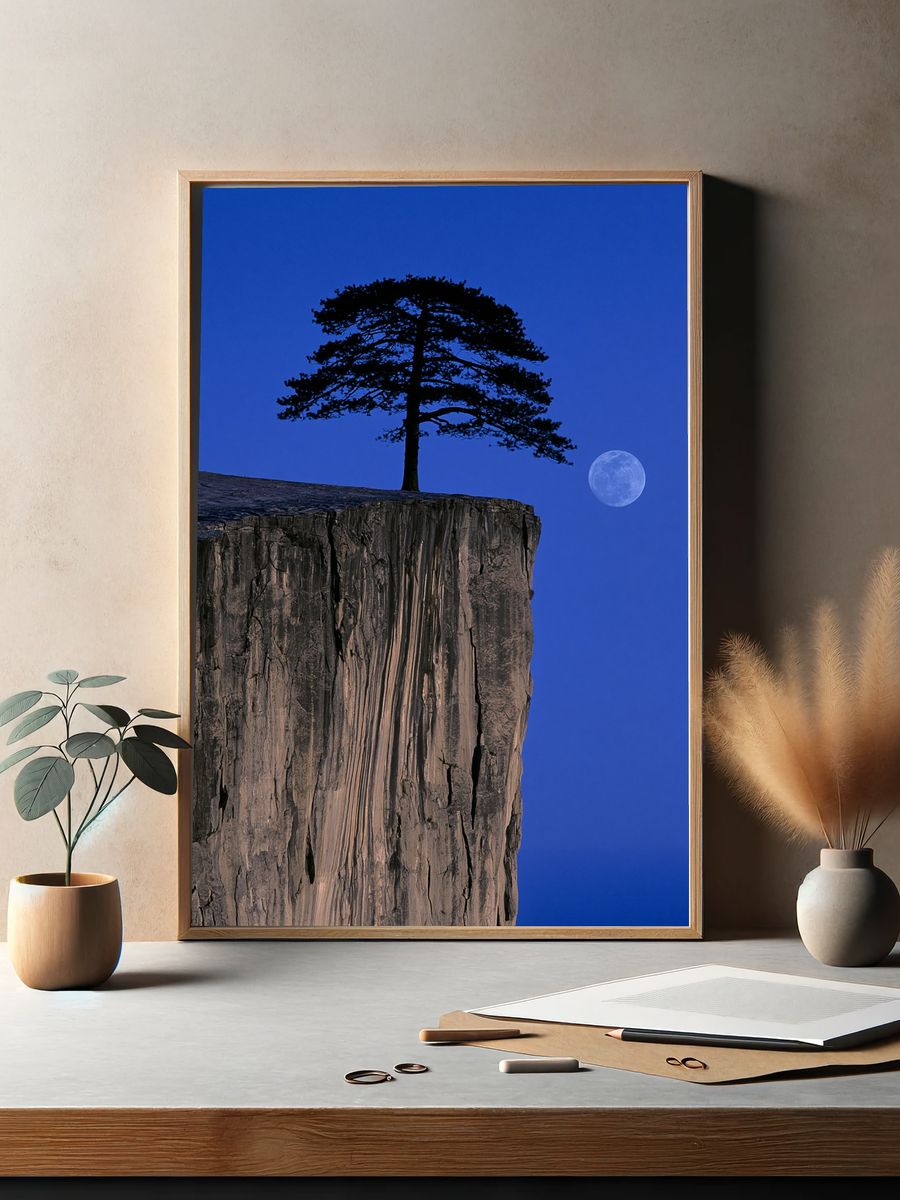 Moonlit Cliff Pine Photography Poster. — room view 2
