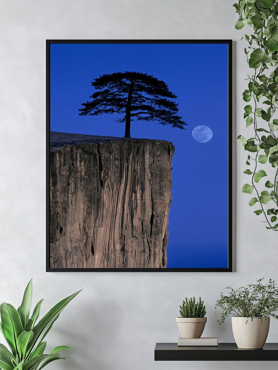 Moonlit Cliff Pine Photography Poster. — room view 4