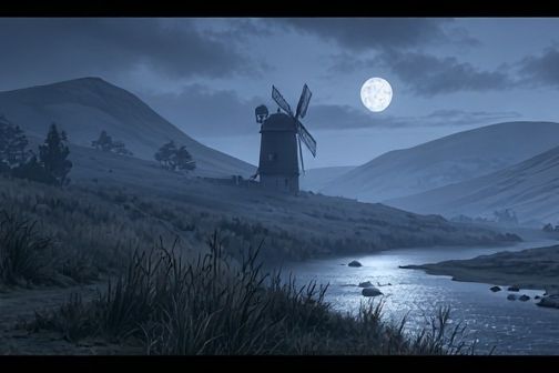 Moonlit Windmill Landscape Print. poster — nature art