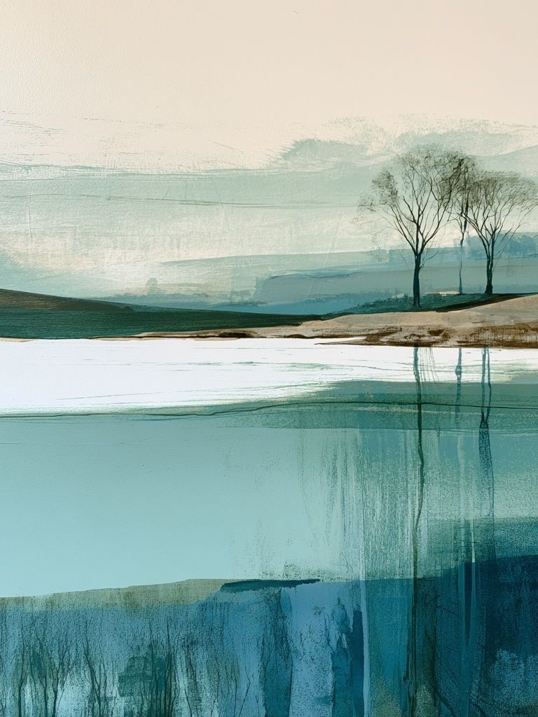 Misty Lakeside Trees Landscape Print. poster detail