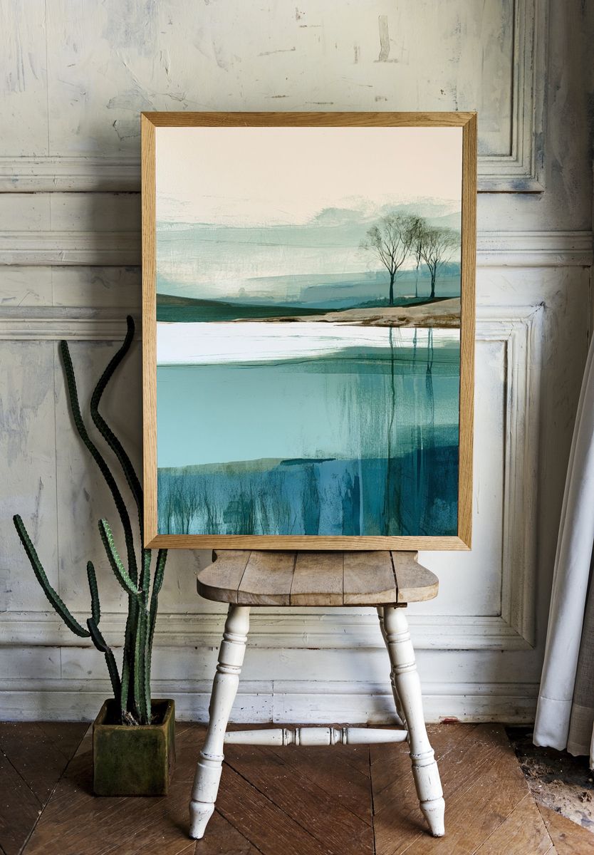 Misty Lakeside Trees Landscape Print. room preview