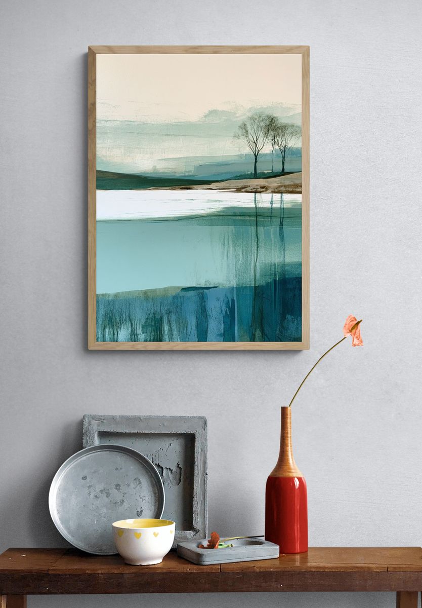 Misty Lakeside Trees Landscape Print. — room view 3