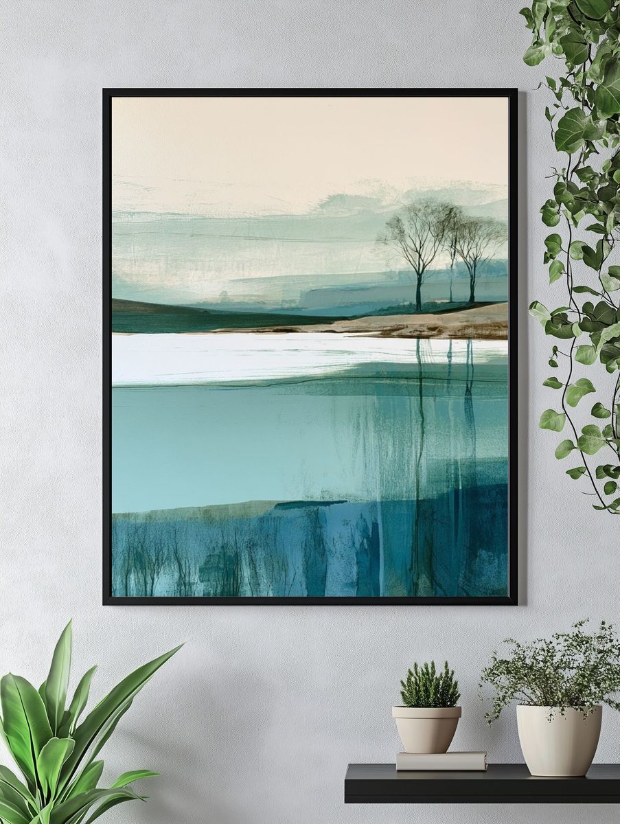 Misty Lakeside Trees Landscape Print. — room view 4