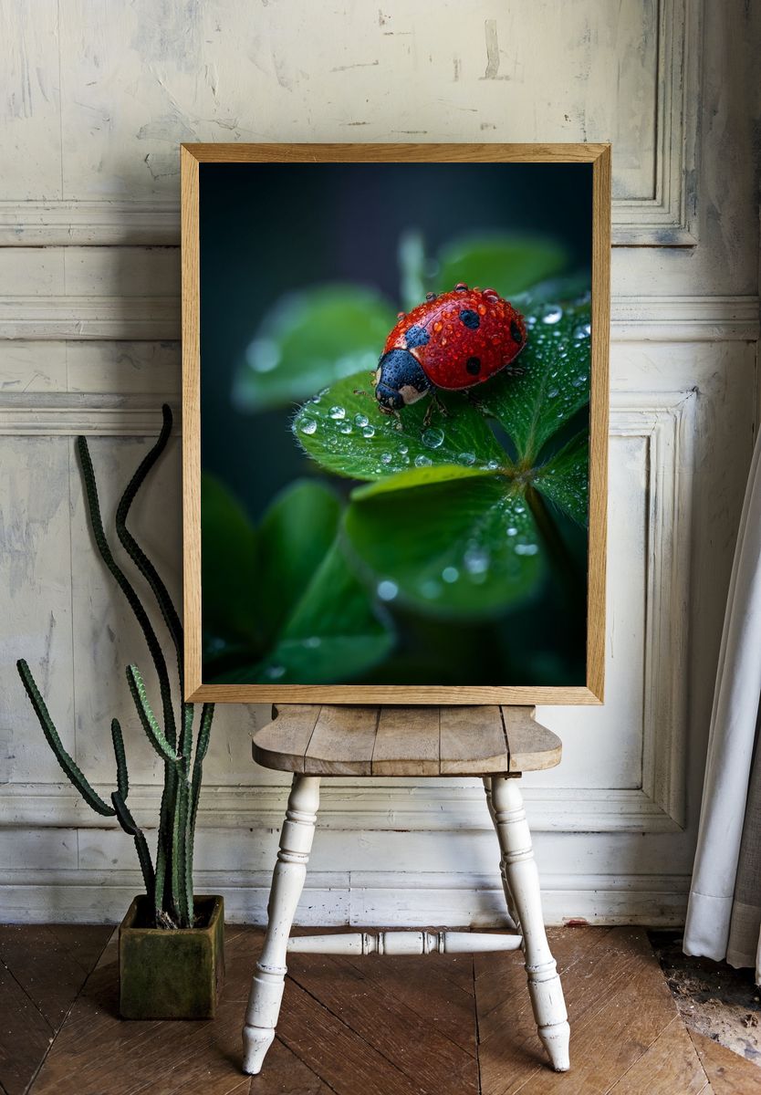 Rain-Dappled Ladybug Nature Poster. — room view 1