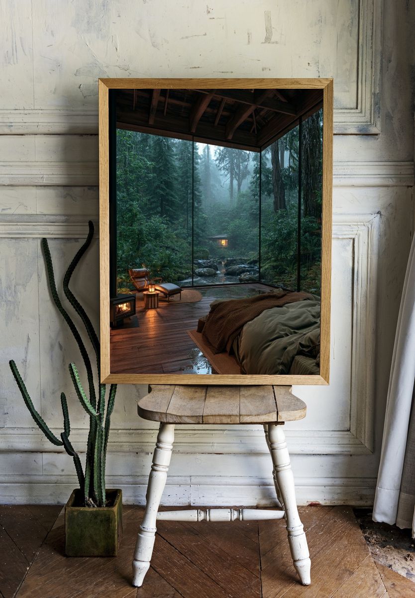 Misty Forest Cabin Retreat Poster. — room view 1