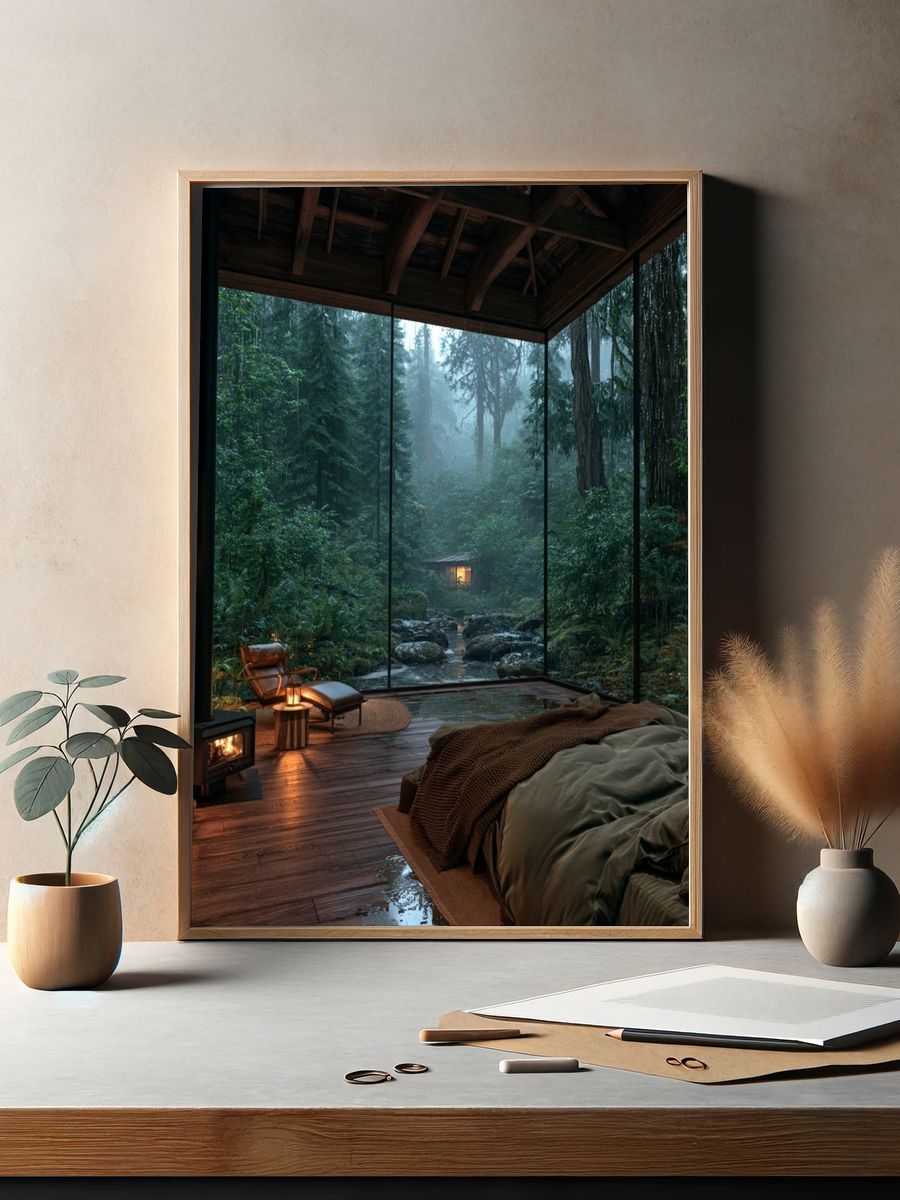 Misty Forest Cabin Retreat Poster. — room view 2