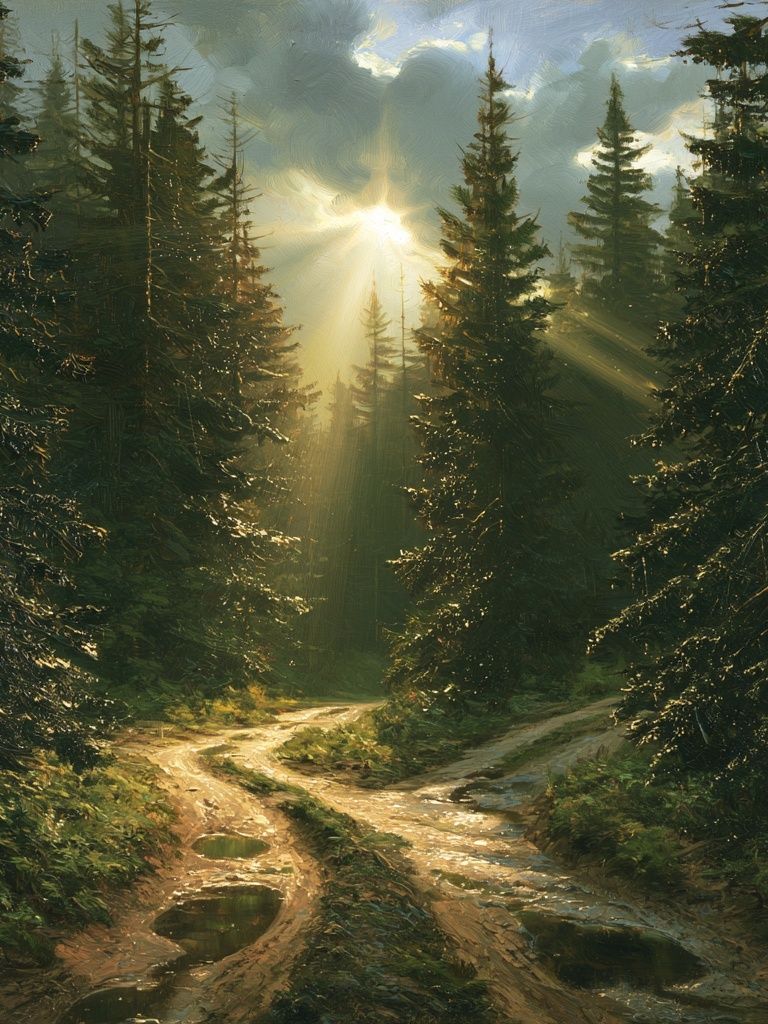 Sunlit Pine Forest Landscape Print. poster — nature art