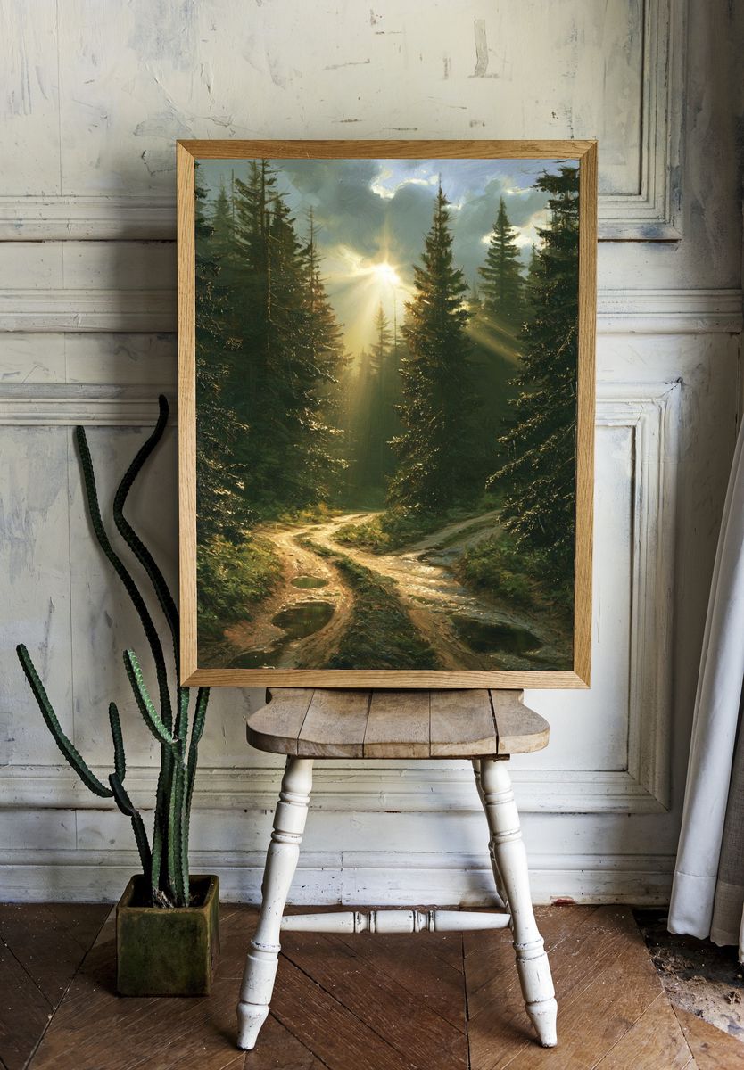 Sunlit Pine Forest Landscape Print. — room view 1
