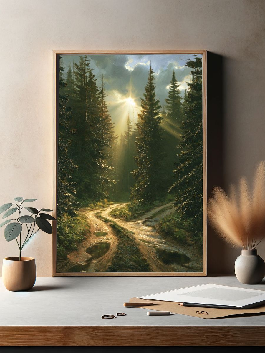 Sunlit Pine Forest Landscape Print. — room view 2