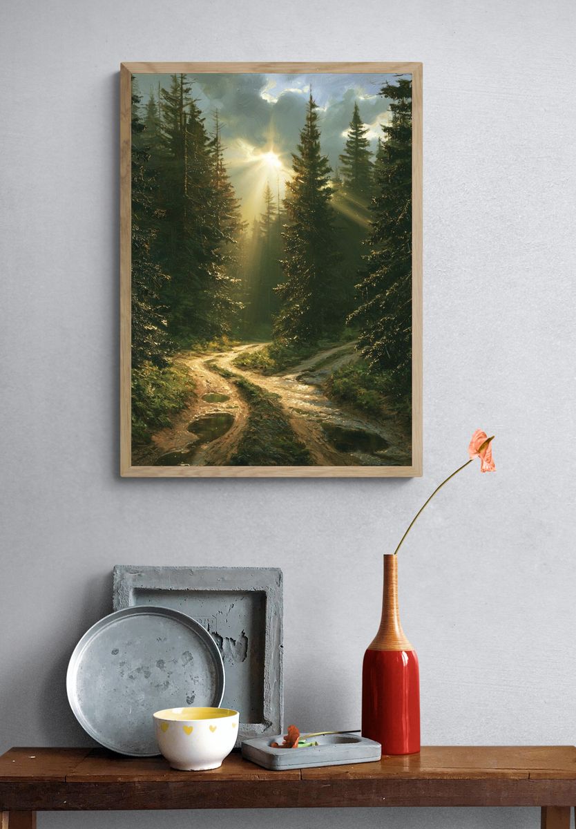 Sunlit Pine Forest Landscape Print. — room view 3