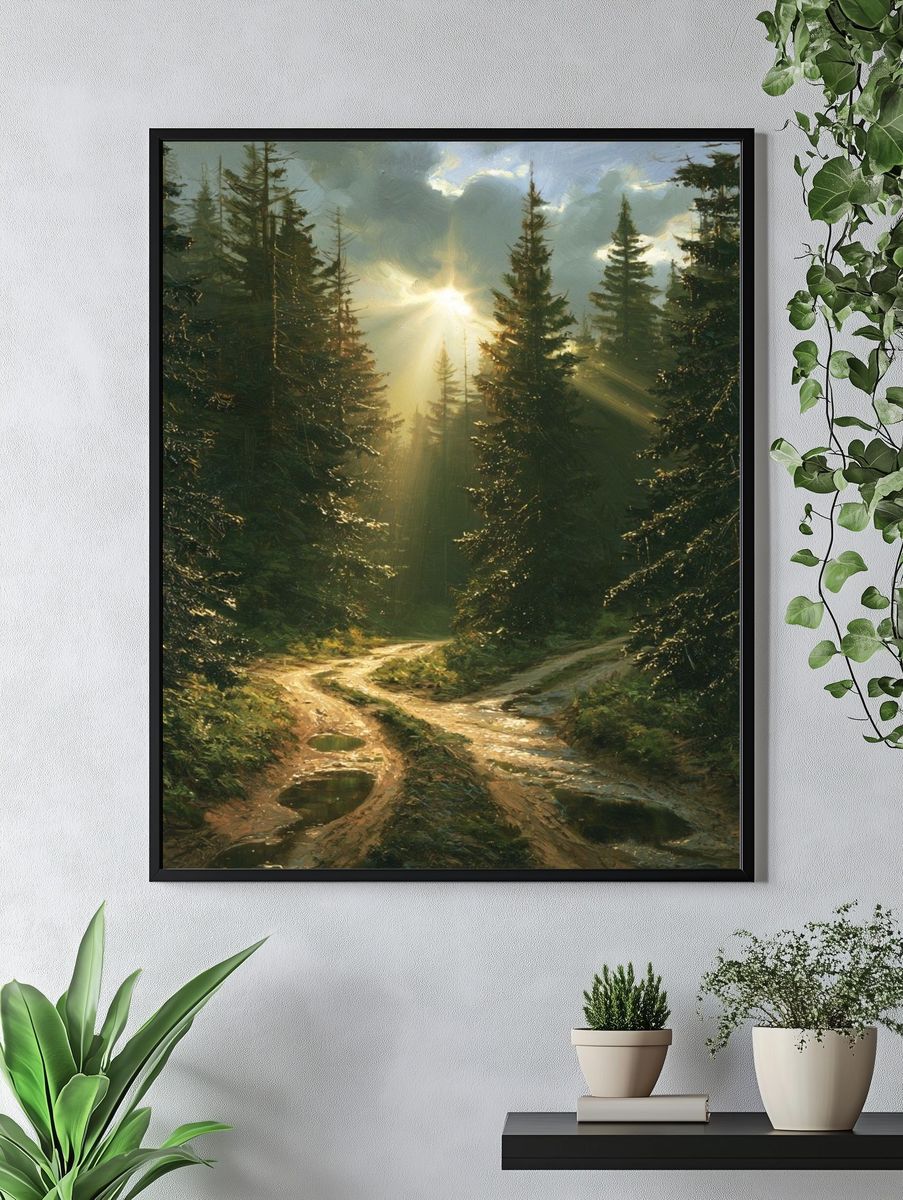 Sunlit Pine Forest Landscape Print. — room view 4