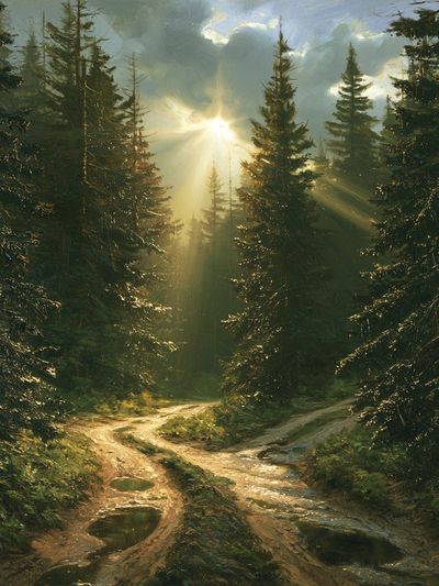Sunlit Pine Forest Landscape Print.