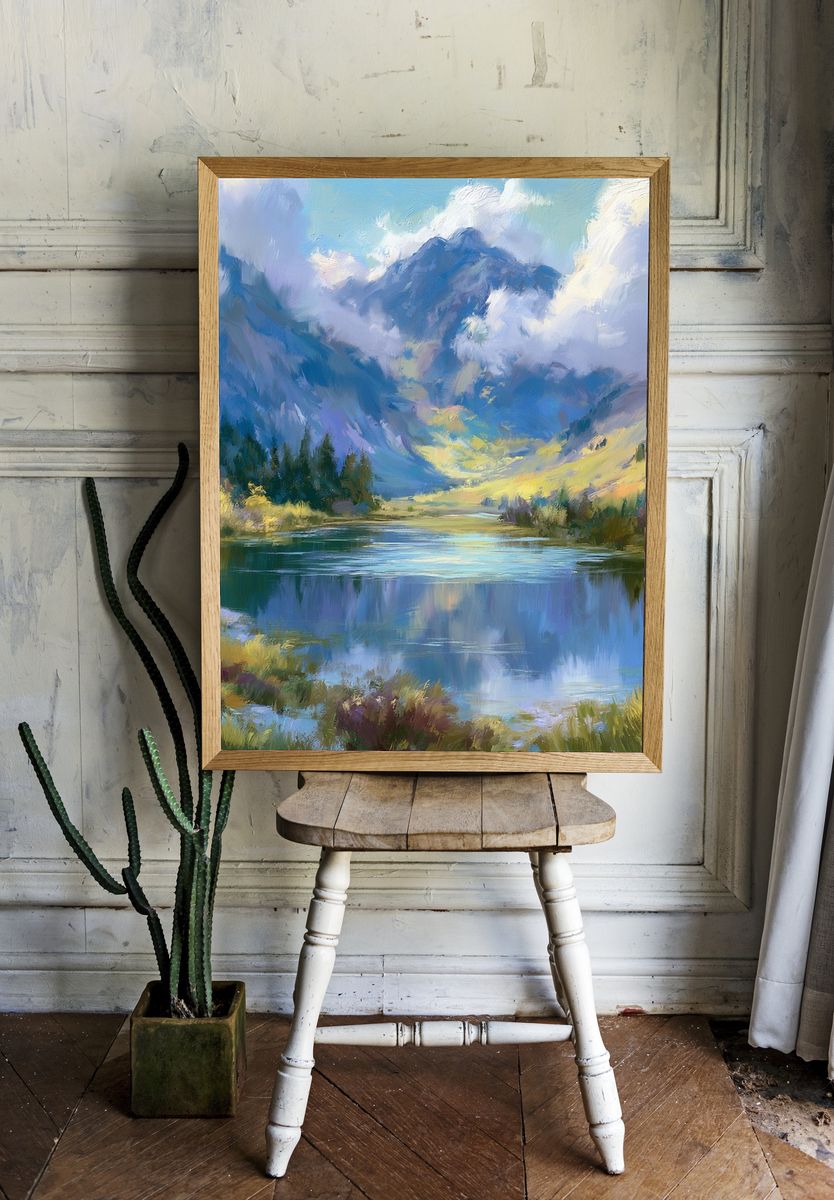 Misty Mountain Lake Landscape Print. — room view 1