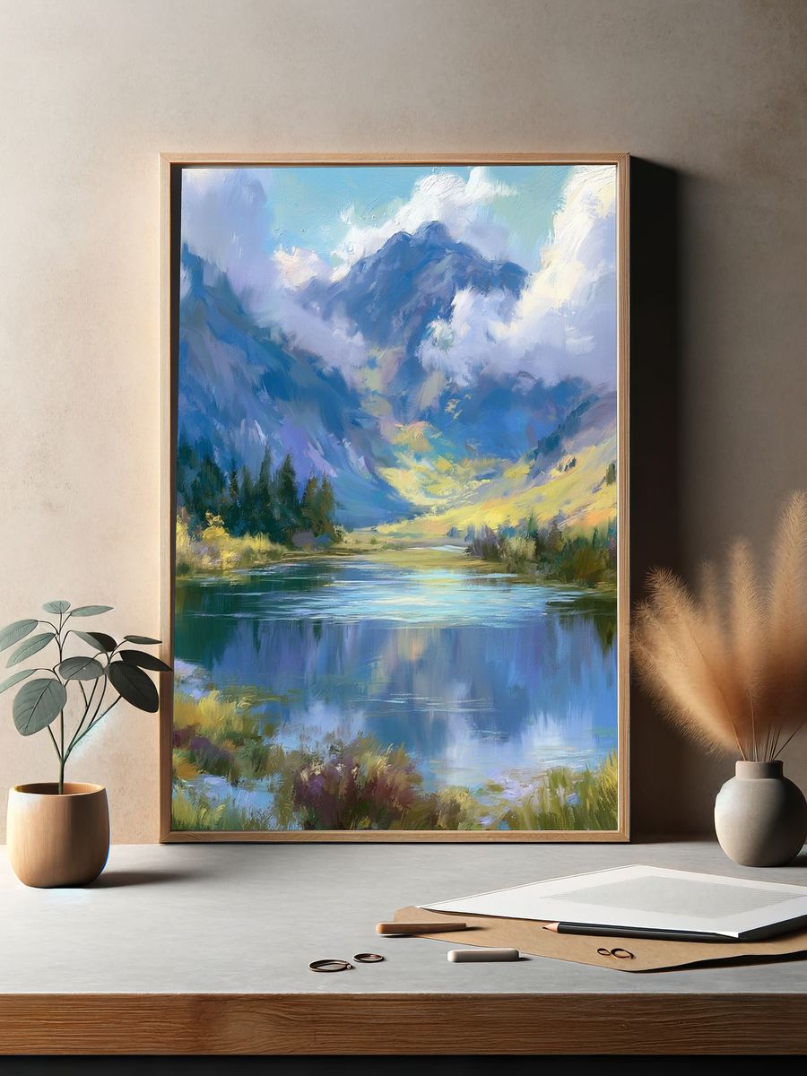 Misty Mountain Lake Landscape Print. — room view 2