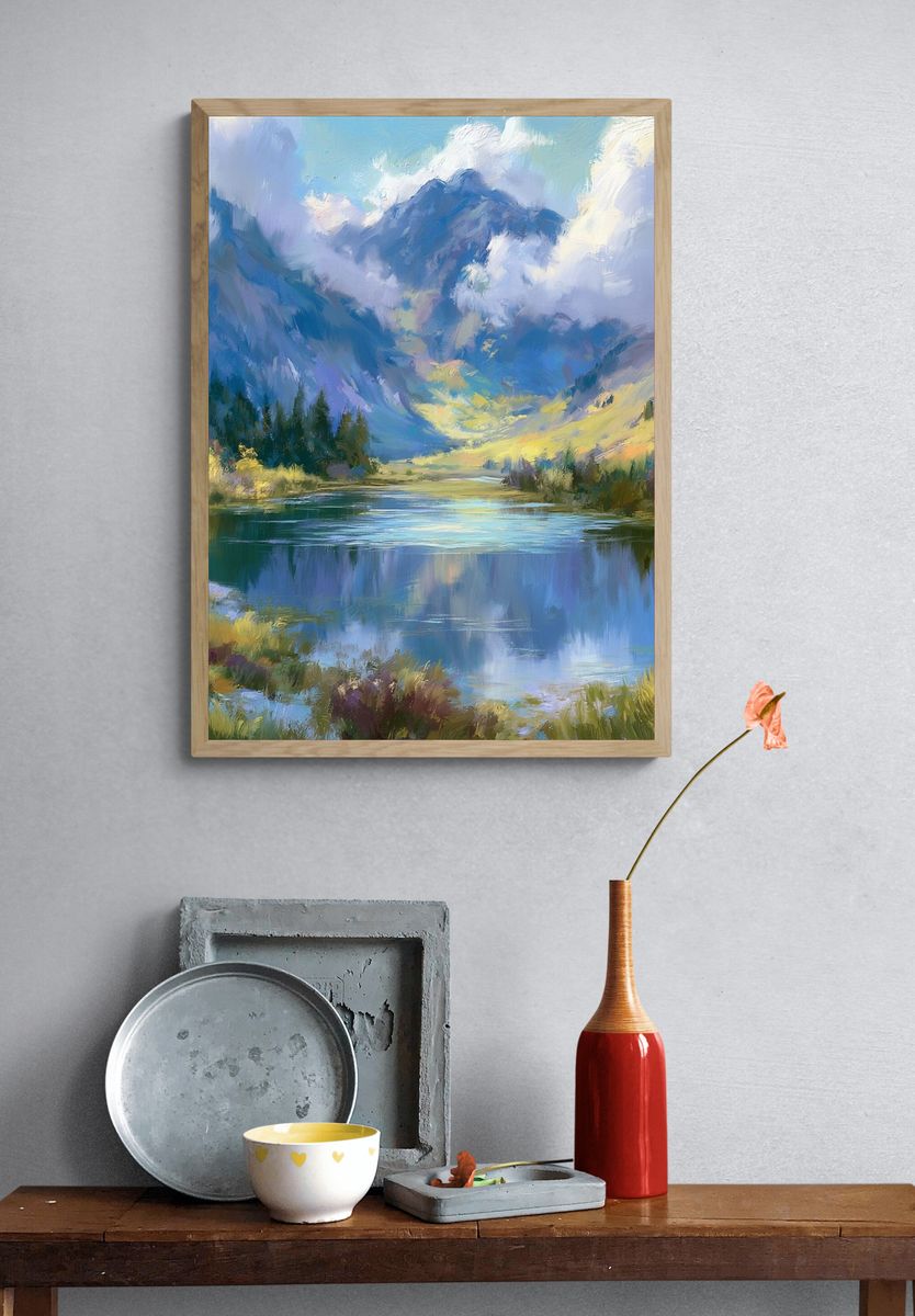 Misty Mountain Lake Landscape Print. — room view 3