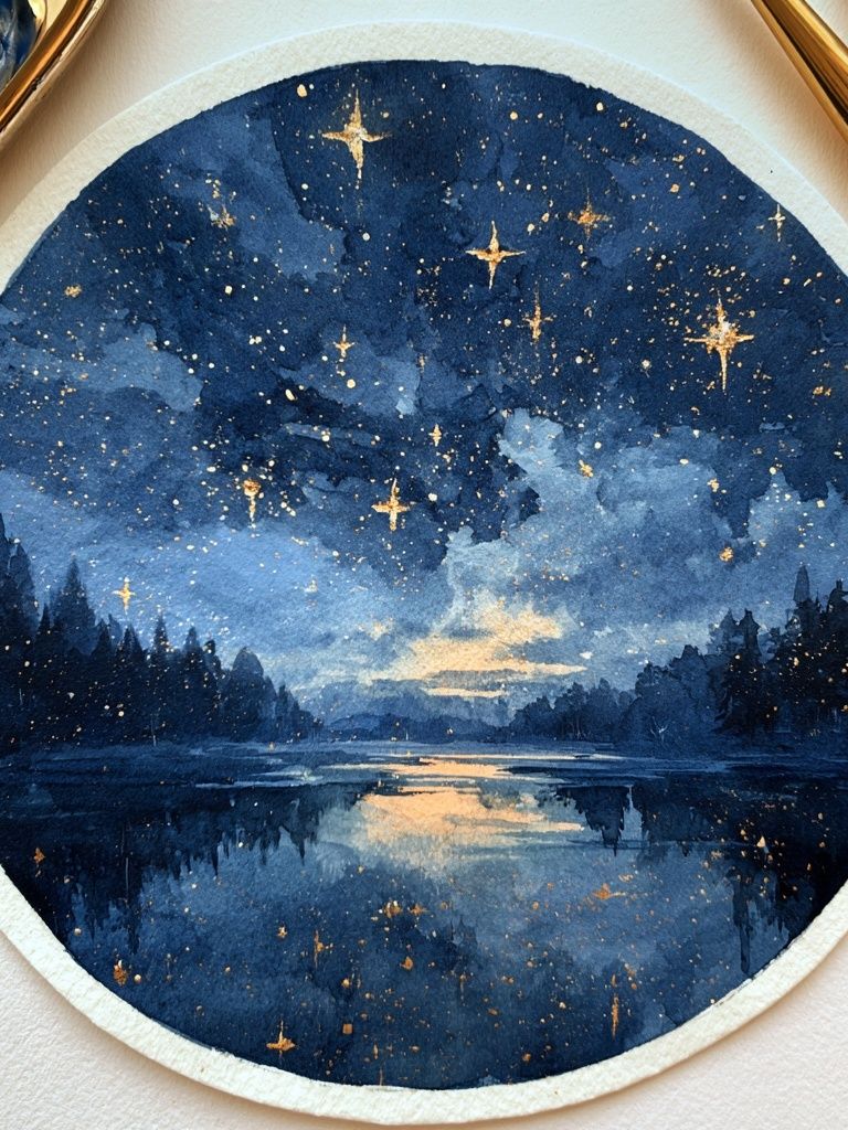 Starry Night Lake Watercolor Poster. poster detail