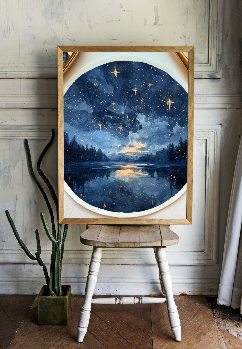 Starry Night Lake Watercolor Poster. room preview