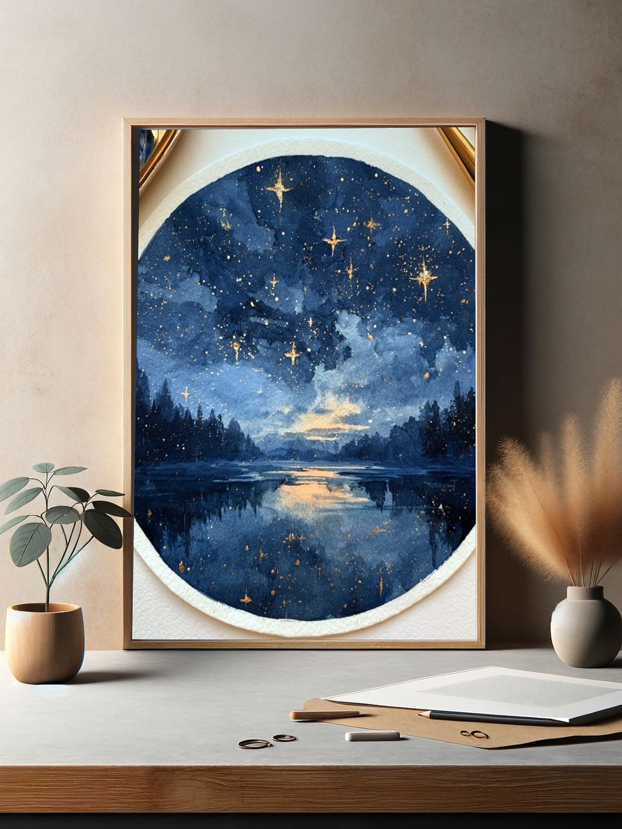 Starry Night Lake Watercolor Poster. — room view 2