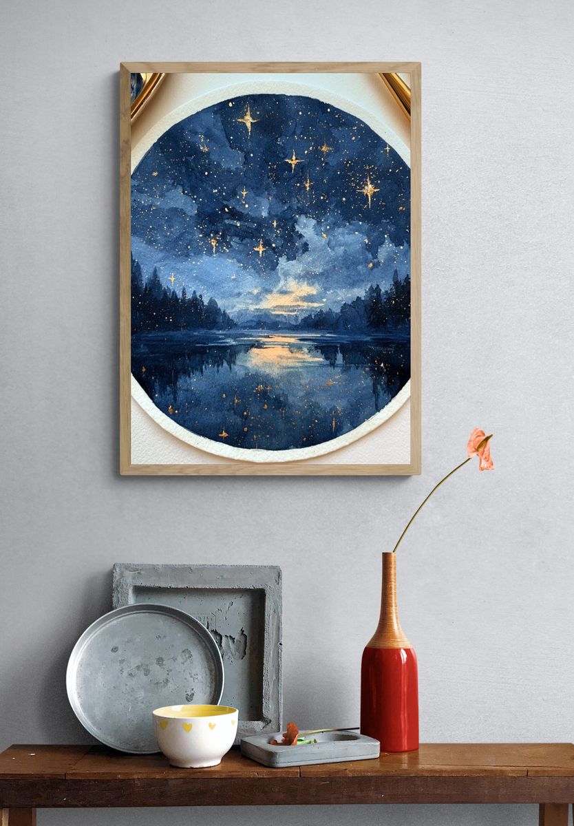 Starry Night Lake Watercolor Poster. — room view 3