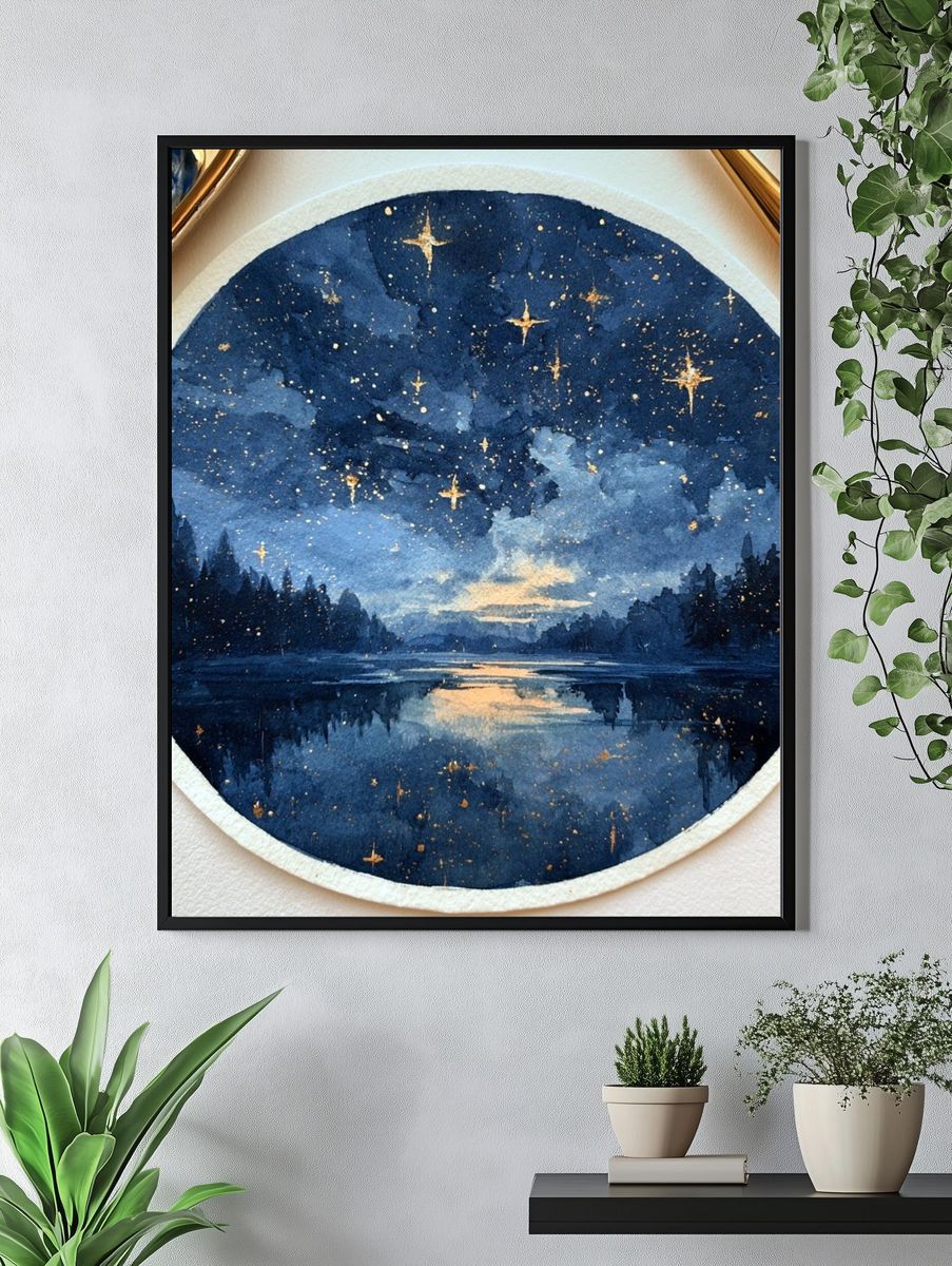 Starry Night Lake Watercolor Poster. — room view 4