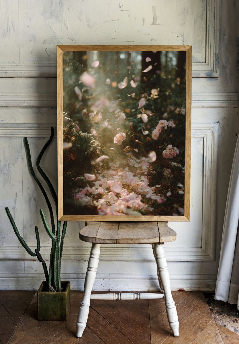 Blush Petals in Forest Light Poster. room preview