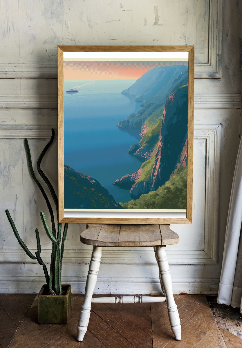 Cliffside Coast Sunset Print. — room view 1