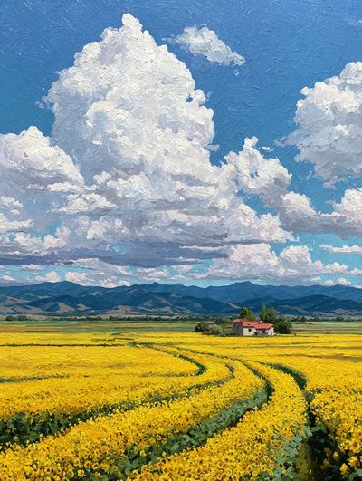 Sunlit Flower Field Landscape Print.